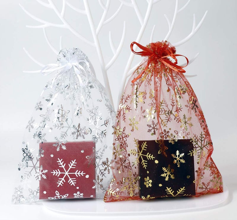 SUNGULF 100pcs Organza Pouch Bag Drawstring 6"x9" 16x22cm Strong Gift Candy Bag Jewelry Party Wedding Favor (White Snowflake) - Image 5